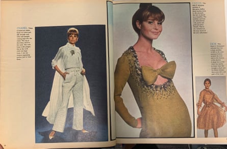 An early fashion spread featuring from left Chanel (‘I can see women organising parties to wear these’), Cardin (‘One variation on the sexy mood of the new collections’) and Dior (‘Lace has brought a fluid look for dinner dresses’).