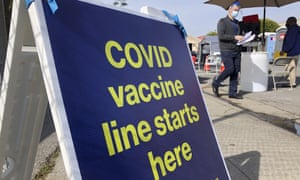 A sign is displayed at a COVID-19 vaccine site in the Bayview neighborhood of San Francisco on Feb. 8, 2021.