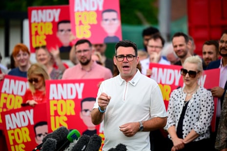 Andy Burnham at his rally at Ashton Town Football Club.