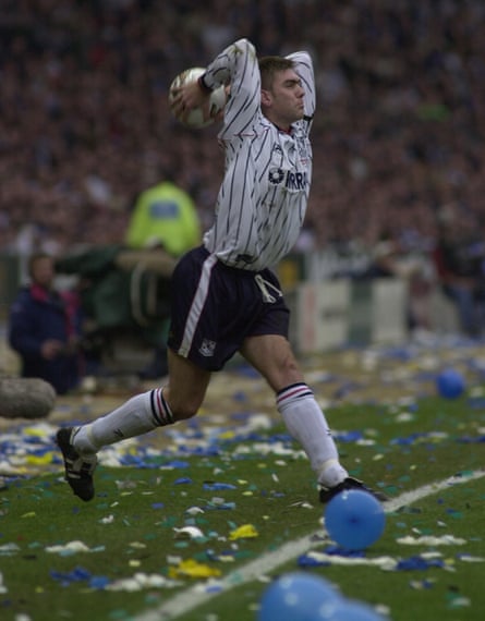 Dave Challinor launches a long throw during Tranemere’s League Cup final defeat by Leicester City in 2000.