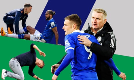 Clockwise from top left: Everton’s Dominic Calvert-Lewin, Jamie Vardy with Leicester’s manager Dean Smith, and the former Leeds manager Jesse Marsch.