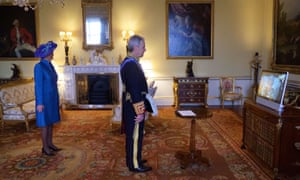 The Queen attending a virtual audience to receive the Ambassador of Spain, José Pascual Marco Martínez (centre), and Géraldine Dufort at Buckingham Palace.