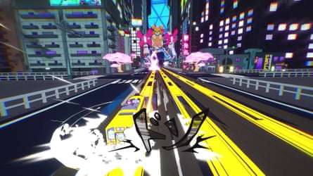 A yellow train grinds a railway track. A neon city is seen in the near distance. A bright white glow is emitting from the train.