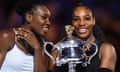Serena Williams, right, after victory over her sister Venus, left, in the women’s final at the Australian Open tennis tournament.