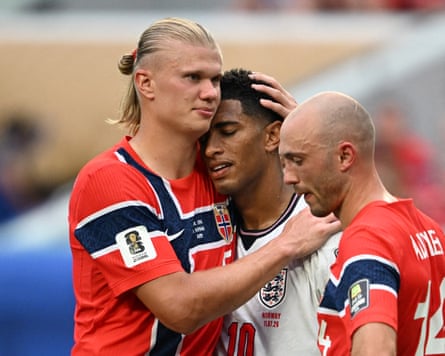 Erling Haaland goes out of his way to congratulate Jude Bellingham after England knock out Norway