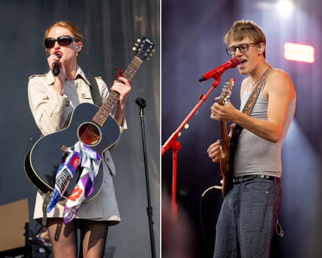 Two side-by side images, one showing the pop star Audrey Hobert onstage, holding an acoustic guitar, the other showing her brother, Malcolm Todd, performing with an electric guitar