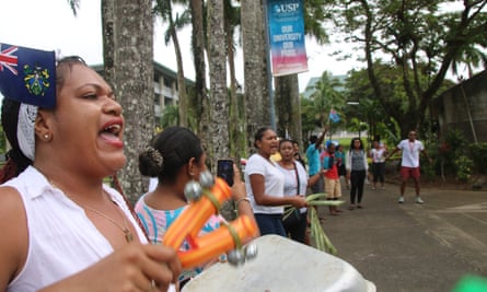 Students protest in support of vice-chancellor Professor Pal Ahluwalia at the Laucala campus of the University of the South Pacific in Suva, Fiji.
