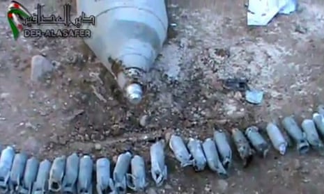Cluster bombs used in Deir Essafir, Syria, from Syrian Research and Communication Centre video.