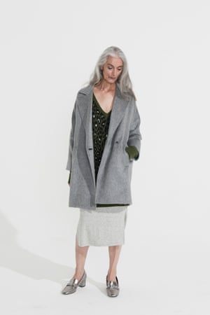 grey coat Jigsaw, green black white patterned jumper Topshop, grey skirt River Island, silver loafers Topshop
