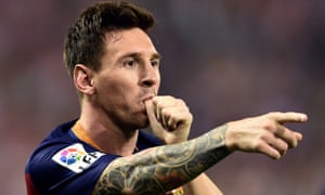 Lionel Messi celebrates his goal in Barcelona’s win at Atlético Madrid.