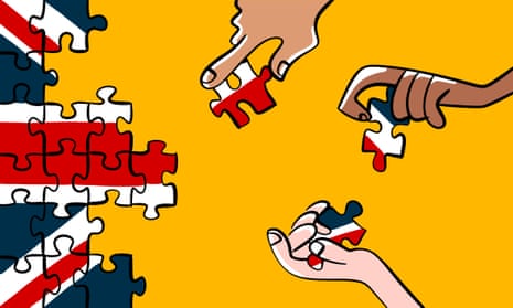Illustration of hands working at a jigsaw puzzle of the union jack