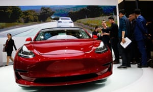 A Tesla Model 3 at an auto show in China.