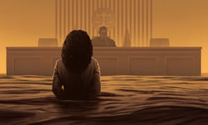 A person is standing while surrounded by water. The person is facing a judge who is seated behind a bench, while looking down. Illustration for Pacific Islands Climate Change Podcast.