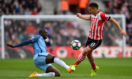 Manchester City’s Yaya Touré challenges Dusan Tadic of Southampton.