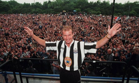 Alan Shearer on a balcony in front of thousands of fans after joining Newcastle in 1996