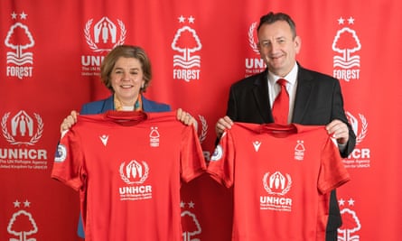 Charlotte Boyle, UK President for UNHCR, and Nottingham Forest President Nicholas Randall with the new shirts.