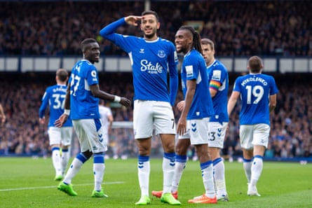 Dwight McNeil of Everton celebrates a goal with teammates during his club’s October home match against Crystal Palace