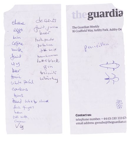 A shopping list on Guardian-branded paper with items such as whiskey, fish fingers and UHT milk listed in pen
