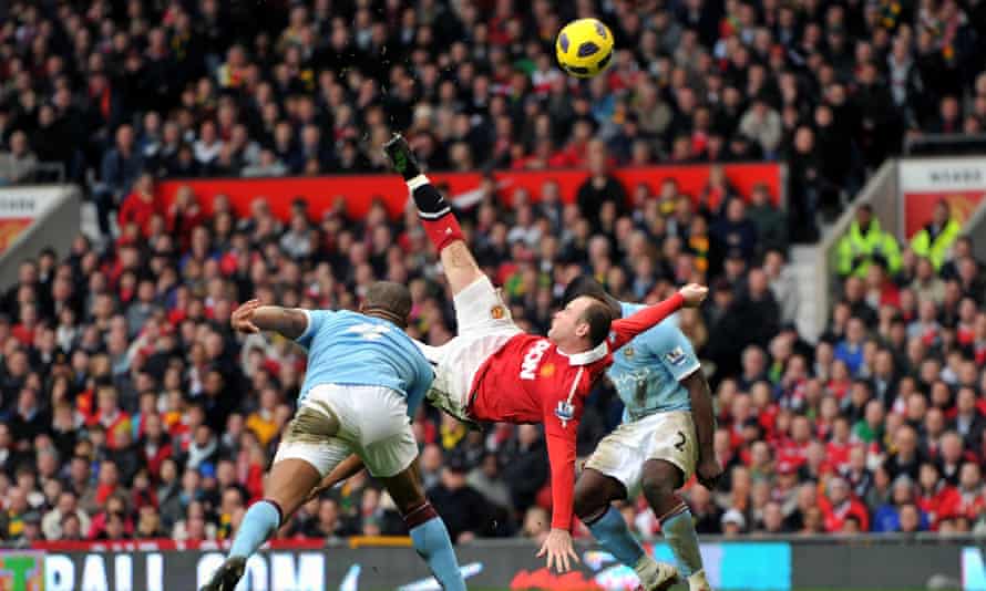 Rooney scores his spectacular overhead kick winner for Manchester United against Manchester City in February 2011.