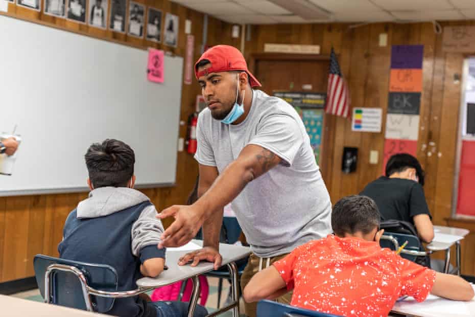 Edgar Hernandez teaches his upper level math class at Las Americas Newcomer School.