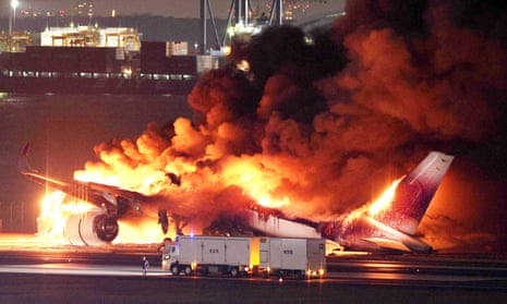 JAL passenger plane bursts into flames at Haneda Airport in Tokyo<br>epaselect epa11053270 A Japan Airline (JAL) passenger plane bursts into flames on the tarmac at Haneda Airport in Tokyo, Japan, 02 January 2024, after its landing. The JAL airplane apparently collided with a Japan Coast Guard plane as it landed. All 379 people on the JAL plane, including 367 passengers and 12 crew members, have been safely evacuated, according to JAL. The coast guard plane carried six crew members, one escaped from the aircraft and the others were unaccounred for, the coast guard said. EPA/JIJI PRESS JAPAN OUT EDITORIAL USE ONLY/