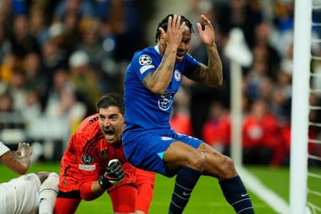 Chelsea's Raheem Sterling (right) gestures after he was denied by a great save from Real Madrid keeper Thibaut Courtois.