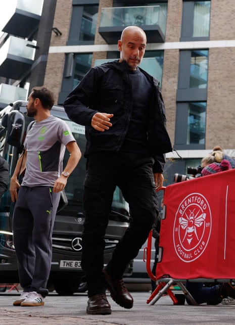 Manchester City manager Pep Guardiola arrives at the Gtech stadium before the match against Brentford on 5 October 2025.