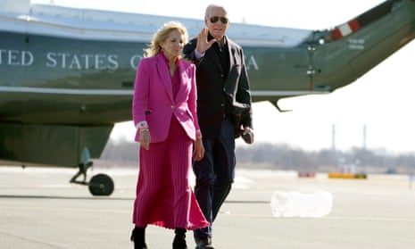 The US president and first lady, Joe and Jill Biden, here arriving and disembarking Marine One in Philadelphia in February, at the international airport there.