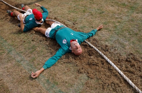 Jose Antonio Goirigolzarri, 65, of the Basque Country collapses after winning the final of the senior men’s 600kg competition.