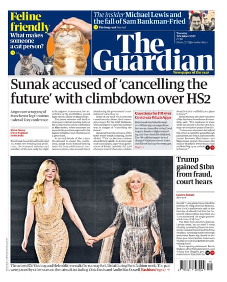 Guardian front page, Tuesday 3 October 2023