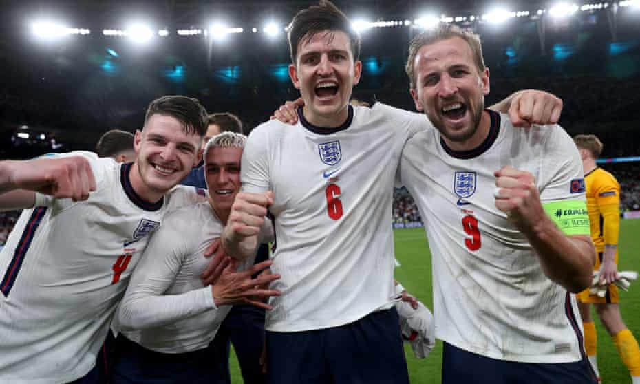 Declan Rice, Phil Foden, Harry Maguire and Harry Kane celebrate reaching the final of Euro 2020.