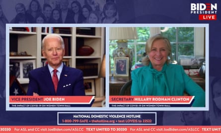 Joe Biden and Hillary Clinton at a virtual town hall during which she endorsed him last month.