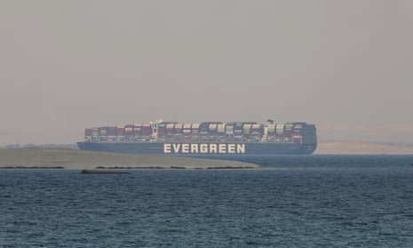 The Ever Given, a Panama-flagged cargo ship, is seen in Egypt’s Great Bitter Lake