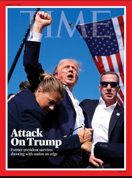 Time cover showing Trump holding up a fist with blood on his face and ear.