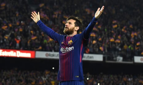 Leo Messi celebrates scoring the second against Real Madrid.