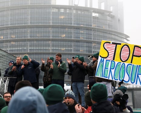 Farmers from across Europe react after the European parliament voted on whether to refer the EU-Mercosur trade agreement to the Court of Justice of the European Union (CJEU), in Strasbourg, France.