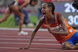 Sifan Hassan of Netherlands reacts after winning the women’’s 10;000m final.