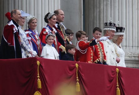 Members of the royal family stand on the Buckingham Palace balcony after King Charles and Queen Camilla's coronation ceremony in 2023.