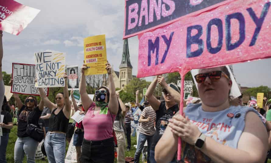 Abortion rights demonstrators rally in Chicago’s West Town neighborhood, Saturday morning, May 14, 2022.