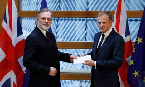 Missing you already: Tim Barrow delivers May’s Brexit letter to EU council president Donald Tusk. 
