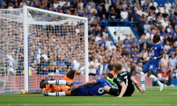 Harvey Barnes scores for Leicester against Chelsea.