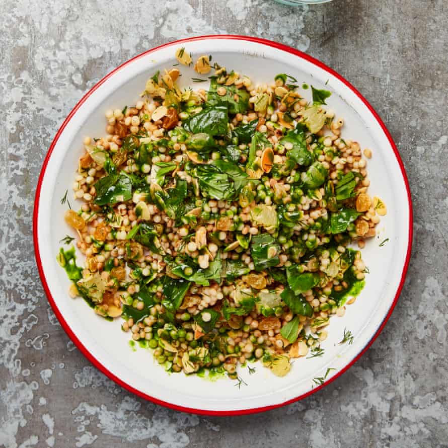 Herby giant couscous with golden raisins, almonds and herbs