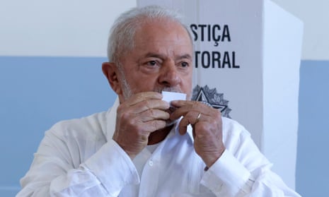 Left-wing candidate Luiz Inácio Lula Da Silva of the Workers' Party (PT) votes at the Escola Estadual Firmino Correia De Araújo on October 3, 2022 in Sao Bernardo do Campo, Brazil.