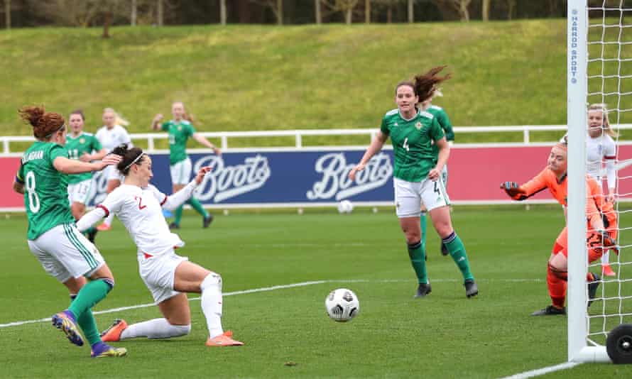 Lucy Bronze scores England’s third against Northern Ireland in the 6-0 win at St George’s Park.