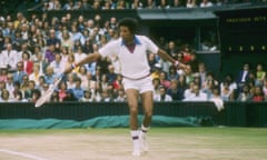 Arthur Ashe runs for the ball during a match at Wimbledon in England.