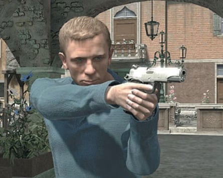Screengrab of man in long-sleeved shirt pointing a gun