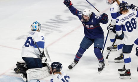 Hilary Knight of the United States celebrates the team’s third goal against Finland in their Olympic ice hockey semi-final