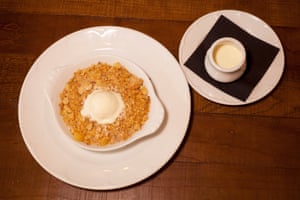 Apple and ginger crumble, with ice cream and custard.