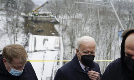 Joe Biden visits the site where the Fern Hollow Bridge collapsed Friday in Pittsburgh's East End. 