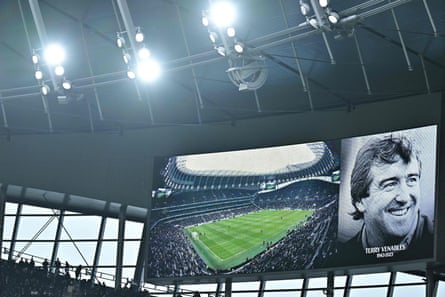 A picture of Terry Venables is shown on the video screen at Tottenham after the announcement of his death.